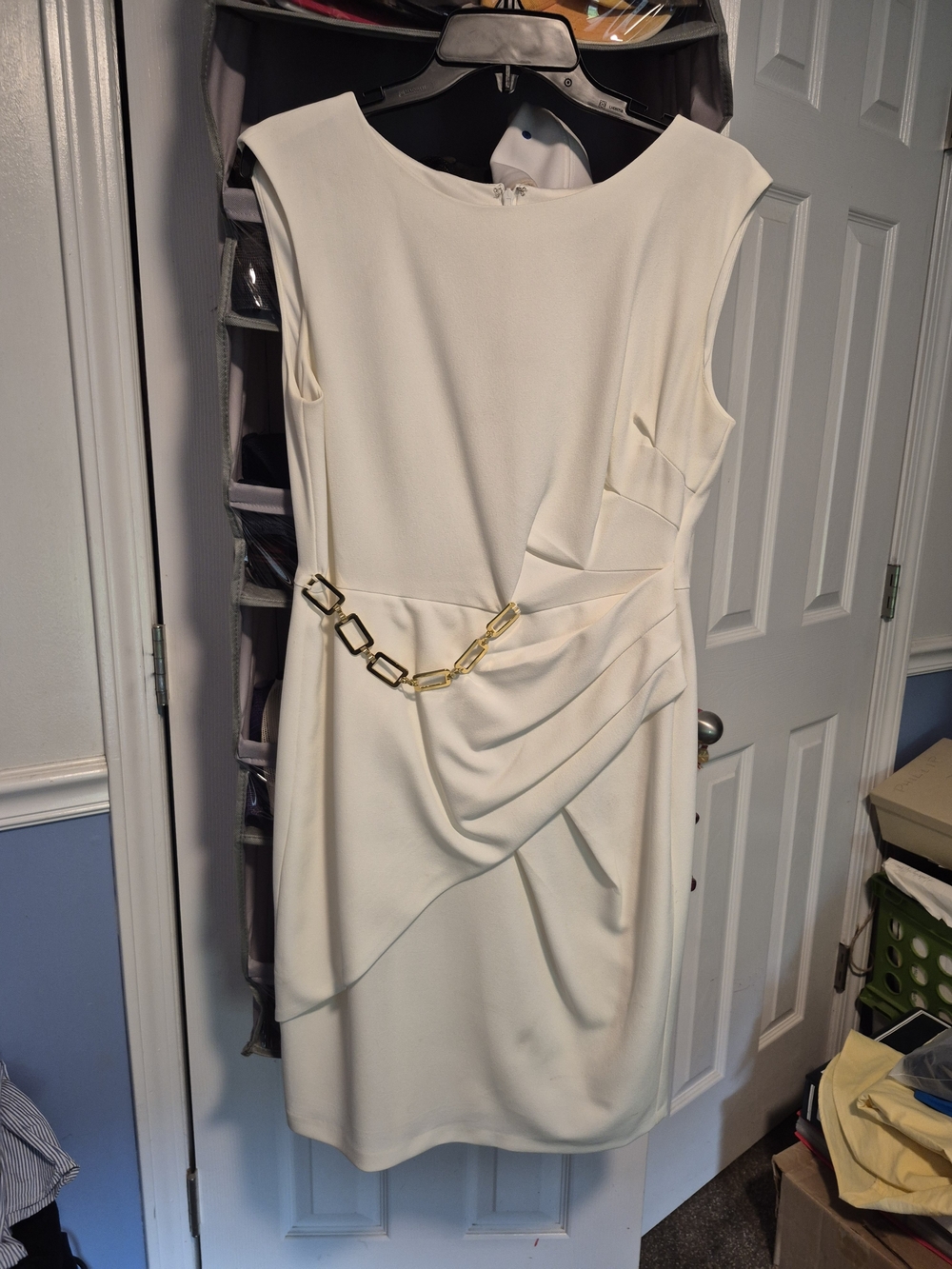 Ivory Draped Midi Dress with Decorative Gold Chain